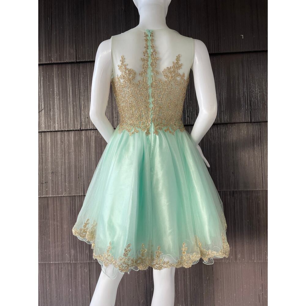 🔥Let’s Aqua Mesh Illusion Neck Gold Lace Appliqué Tulle Party Babydoll Dress - Picture 5 of 16